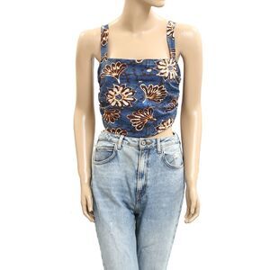 Free People All Tied Up Cropped Blouse Top Floral Printed Blue Tie M NWT 281778